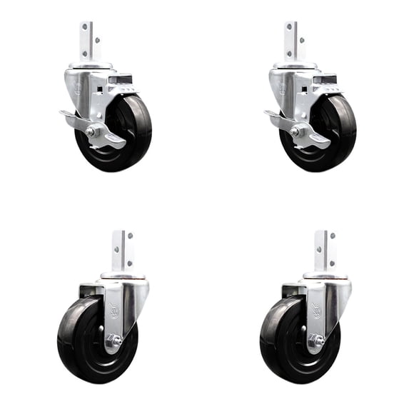 4 Inch Hard Rubber Wheel Swivel 3/4 Inch Square Stem Caster Set 2 Brakes SCC