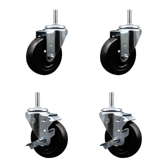 4 Inch Hard Rubber Wheel Swivel 5/8 Inch Threaded Stem Caster Set 2 Brakes SCC