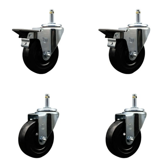 4 Inch Hard Rubber Wheel Swivel 7/16 Inch Grip Ring Stem Caster Set 2 Brakes SCC