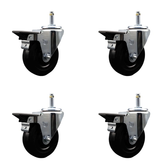 4 Inch Hard Rubber Wheel Swivel 7/16 Inch Grip Ring Stem Caster Set with Brake