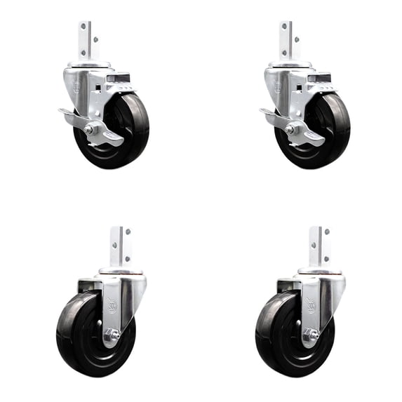4 Inch Hard Rubber Wheel Swivel 7/8 Inch Square Stem Caster Set 2 Brakes SCC
