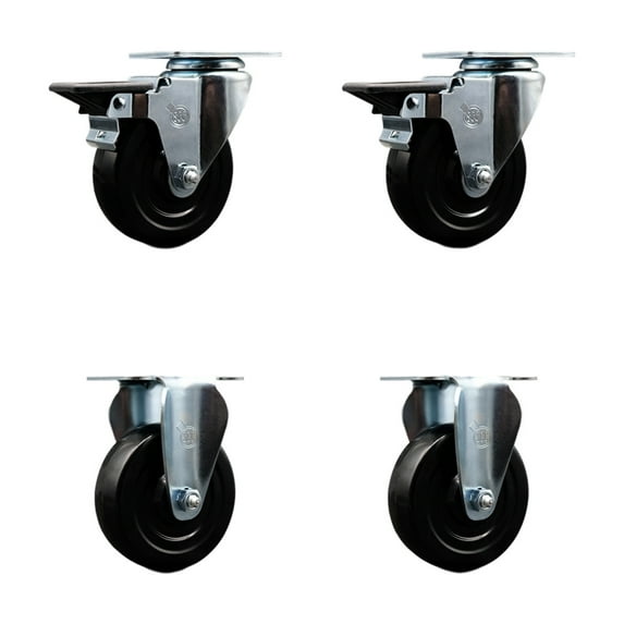 4 Inch Hard Rubber Wheel Swivel Top Plate Caster Set with 2 Posi Brakes 2 Rigid