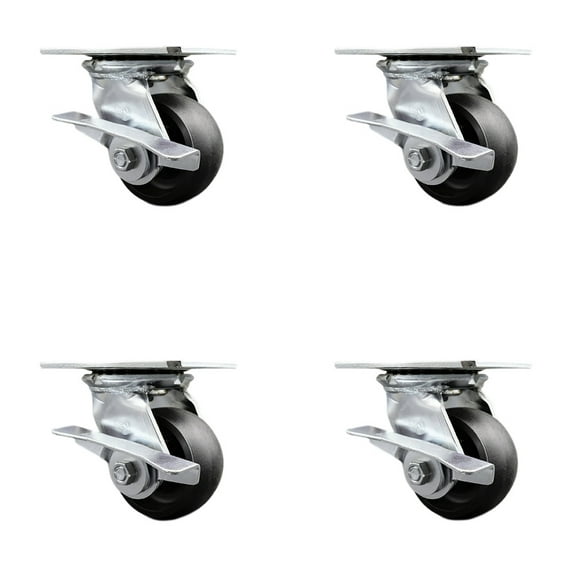 4 Inch Heavy Duty Glass Filled Nylon Caster Set with Roller Bearings and Brakes