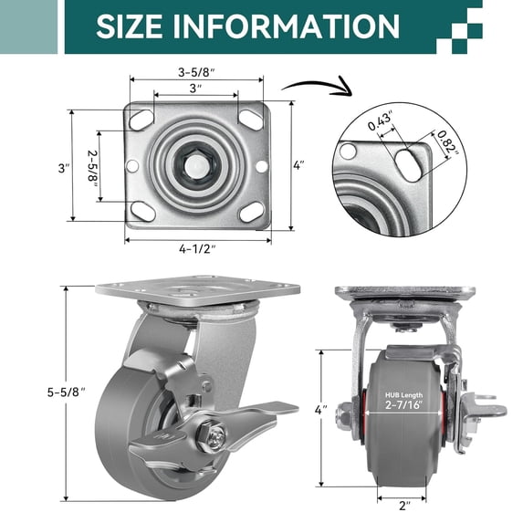 4 Inch Heavy Duty Industrial Caster Wheels with Roller Bearing, 600lbs Load Capacity Rubber Swivel Casters for Cart Dolly Toolbox Trolley (2 Brake)