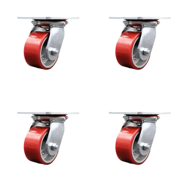 4 Inch Heavy Duty Red Poly on Cast Iron Caster Set with Roller Bearings Set 4