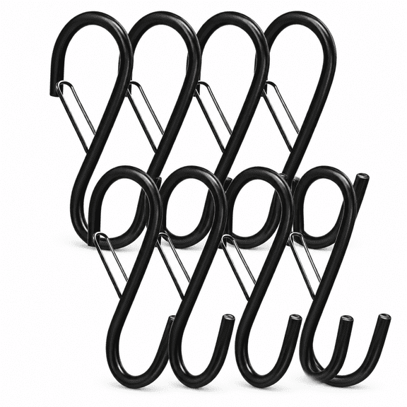 4 Inch Heavy Duty S Hooks for Hanging with Safety Buckle, 8 Pack Black Large Opening S Shaped Metal Hooks, Anti-Fall Utility Hooks for Kitchen Pots Pans, Plants, Closet, Jeans