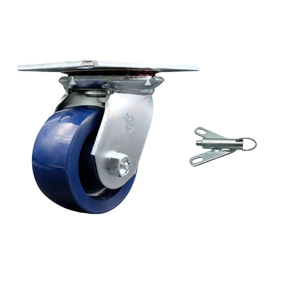 Heavy Duty Large Top Plate Solid Polyurethane Swivel Caster w/Main. Free Bearings and 4" x 2" Blue Wheel & Bolt on Swivel Lock - 700 lbs Capacity/Caster - Service Caster Brand