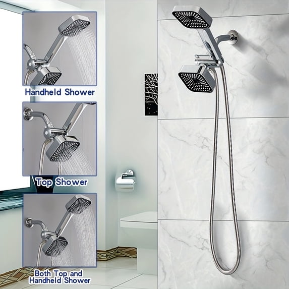 4 Inch High-Flow Dual Handheld Fixed Shower Head Kit, 3-Way Shower System with Long Hose, Multi-Purpose Bathroom Shower Fixture