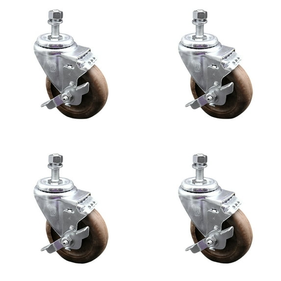 4 Inch High Temp Glass Filled Nylon 10mm Threaded Stem Caster Set with Brake