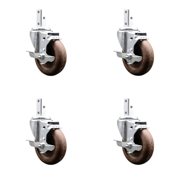 4 Inch High Temp Glass Filled Nylon 7/8 Inch Square Stem Caster Set with Brake