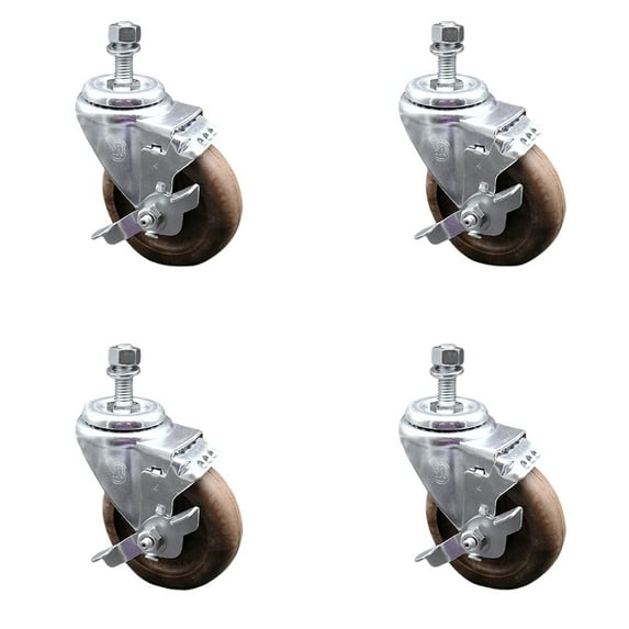 4 Inch High Temp Glass Filled Nylon ½ Inch Threaded Stem Caster Set with Brake