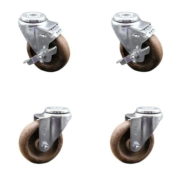 4 Inch High Temp Glass Filled Nylon Swivel Bolt Hole Caster Set with 2 Brakes