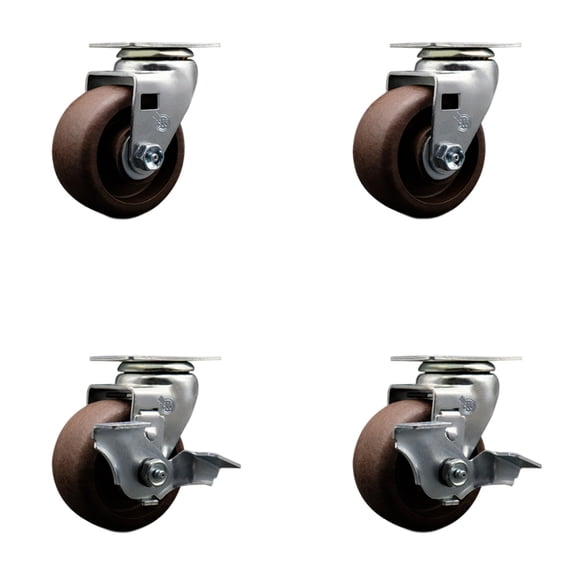 4 Inch High Temp Glass Filled Nylon Swivel Caster Set w/Bronze Bearings 2 Brakes