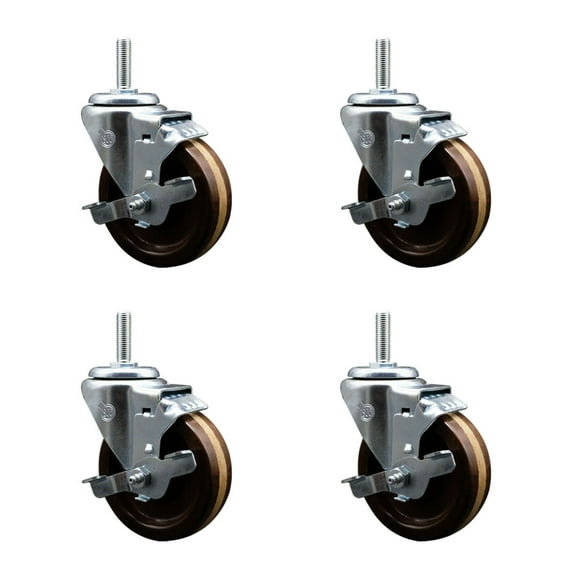 4 Inch High Temp Phenolic 3/4 Inch Threaded Stem Caster Set with Brake