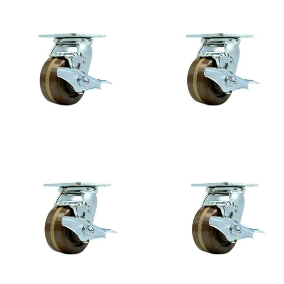 4 Inch High Temp Phenolic Caster Set w/Bronze Bearings and Brake/Swivel Lock SCC