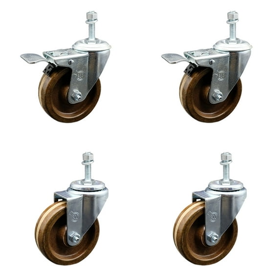 4 Inch High Temp Phenolic Swivel 10mm Stem Caster Set 2 Total Lock Brake SCC