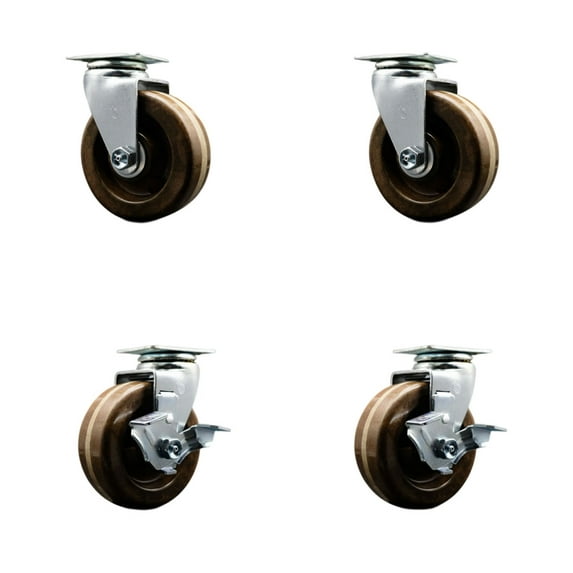 4 Inch High Temp Phenolic Swivel Caster Set with Bronze Bearings 2 Brakes SCC