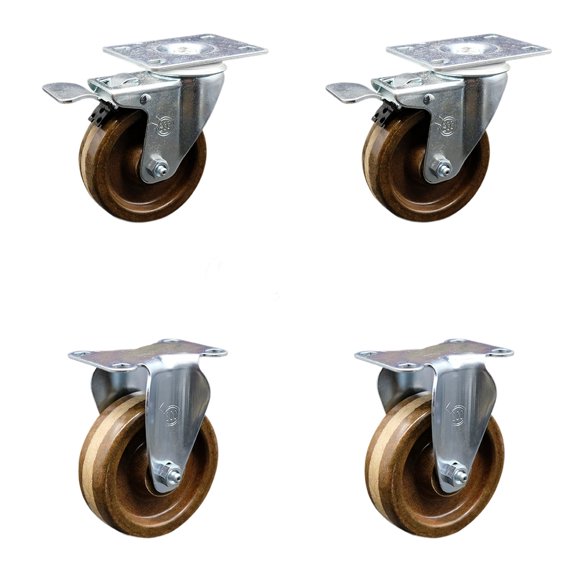 4 Inch High Temp Phenolic Swivel Top Plate Caster Set 2 Lock Brakes 2 Rigid SCC