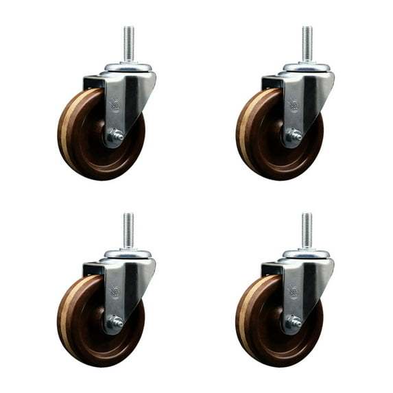 4 Inch High Temp Phenolic Wheel Swivel 5/8 Inch Threaded Stem Caster Set