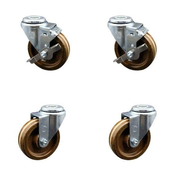 4 Inch High Temp Phenolic Wheel Swivel Bolt Hole Caster Set with 2 Brake SCC