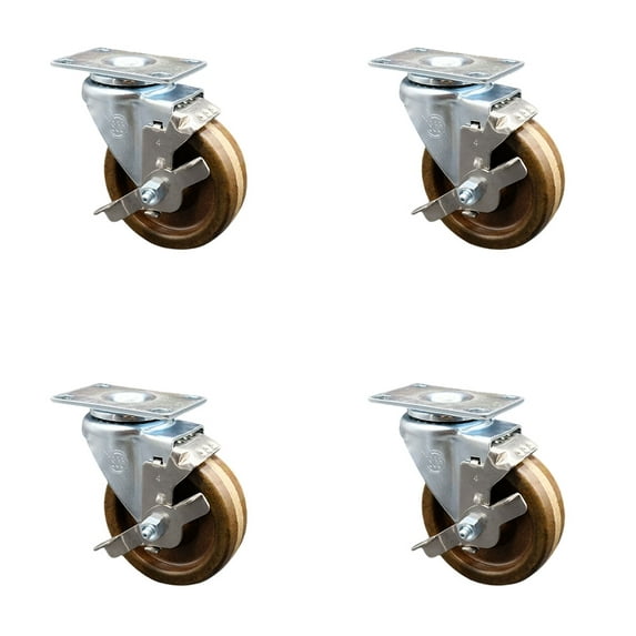 4 Inch High Temp Phenolic Wheel Swivel Top Plate Caster Set with Brake SCC