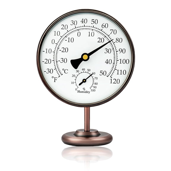 4 Inch Indoor Thermometer with Humidity Reading, Brass Temperature Gauge Stand, Room Analog and Monitor, Battery-Free for Home, Office, Garage, Table or RV