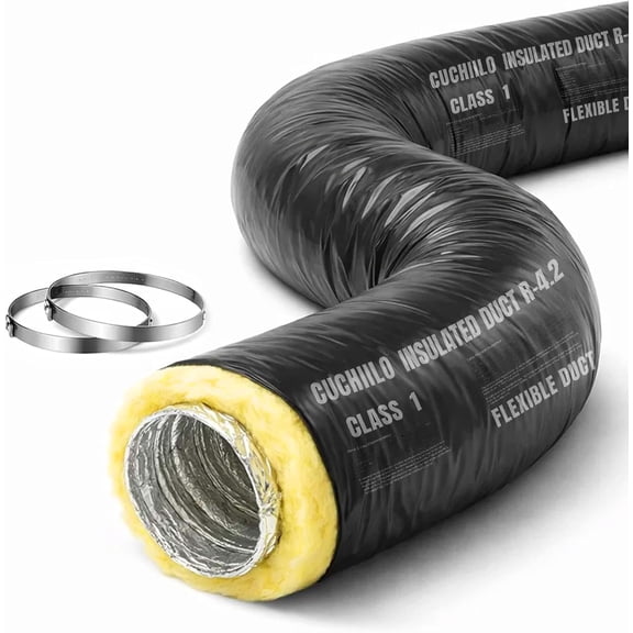 4 Inch Insulated Flexible Duct 25 FT, R4 HVAC Flex Duct Black Jacket, Owens Corning Fiberglass, Ventilation