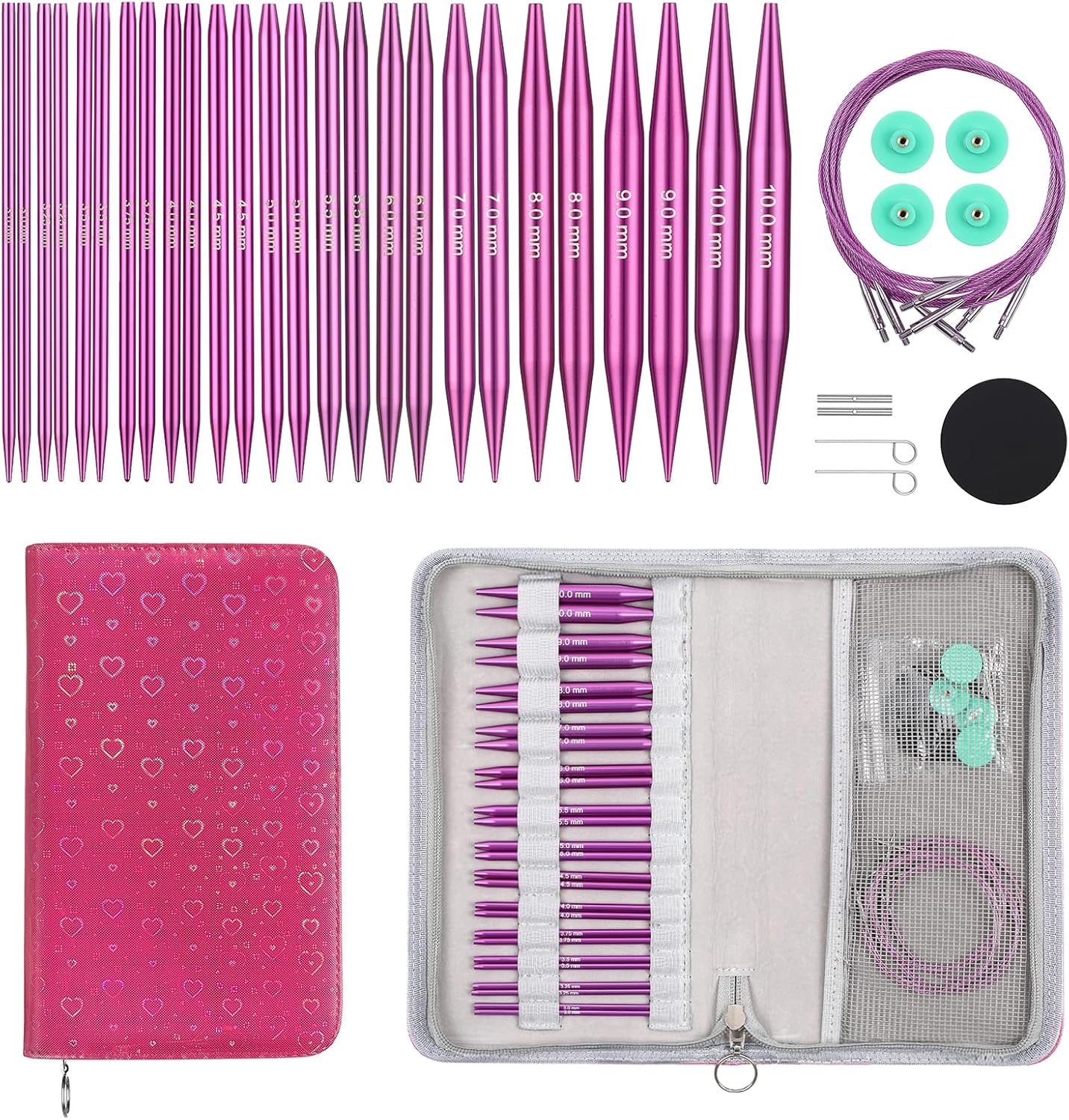 4-Inch Interchangeable Circular Knitting Needles Set | US 2.5-15 (3.0-10.0mm) | 13-Pair of Metal Circular Needles | 4 Cables (16", 24", 32", and 40"), Accessories & Case