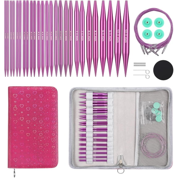4-Inch Interchangeable Circular Knitting Needles Set | US 2.5-15 (3.0-10.0mm) | 13-Pair of Metal Circular Needles | 4 Cables (16", 24", 32", and 40"), Accessories & Case