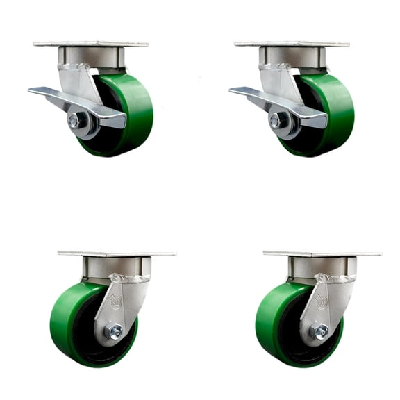 4 Inch KP Green Poly on Cast Iron Caster Set w/Ball Bearings 4 Swvl Lock 2 Brake