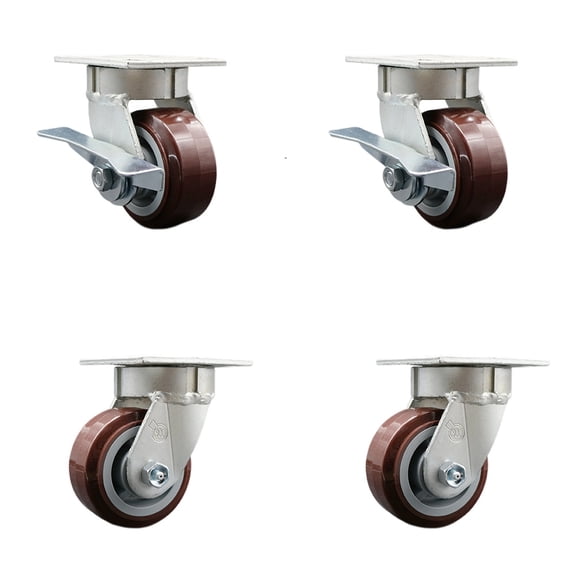 4 Inch KP Polyurethane Caster Set with Ball Bearings 4 Swivel Locks 2 Brakes SCC