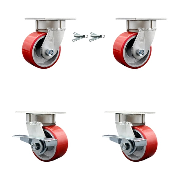 4 Inch KP Red Poly on Cast Iron Caster Set w/Ball Bearings 2 Swivel Lock 2 Brake