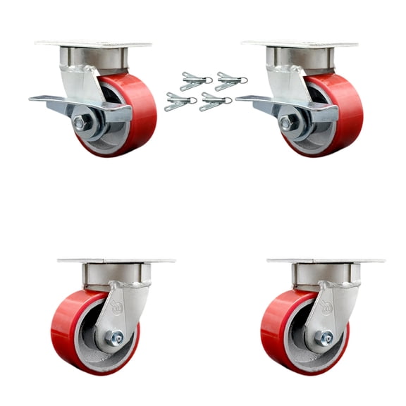 4 Inch KP Red Poly on Cast Iron Caster Set w/Ball Bearings 4 Swivel Lock 2 Brake