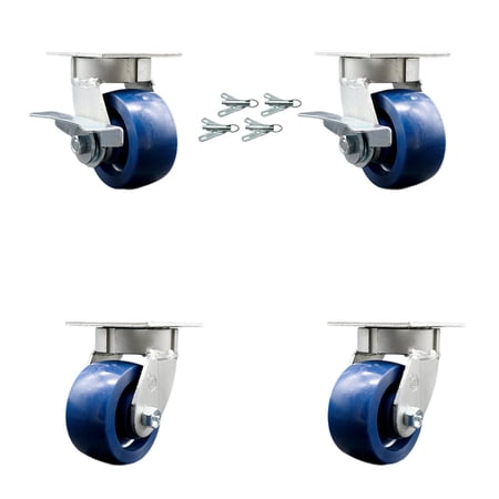 4 Inch KP Solid Poly Caster Set with Ball Bearings 4 Swivel Locks 2 Brakes SCC