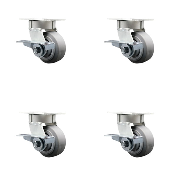 4 Inch KP Thermo Rubber Flat Tread Swivel Caster Set w/Ball Bearings and Brakes