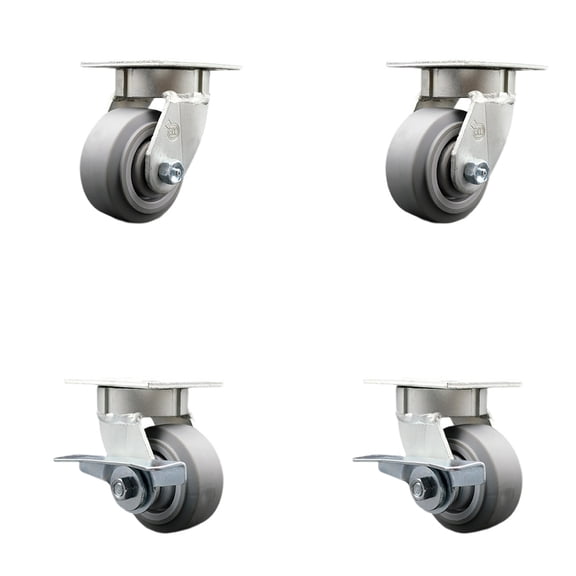 4 Inch KP Thermo Rubber Flat Tread Swivel Caster Set with Ball Bearings 2 Brake