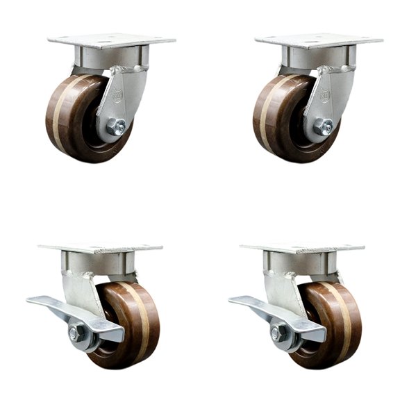4 Inch Kingpinless High Temp Phenolic Wheel Swivel Caster Set with 2 Brakes SCC