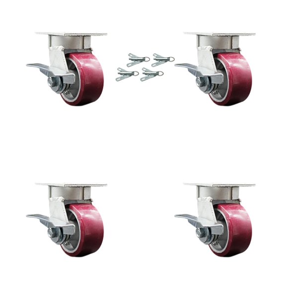 4 Inch Kingpinless Poly on Aluminum Caster Set with Brakes and Swivel Locks SCC