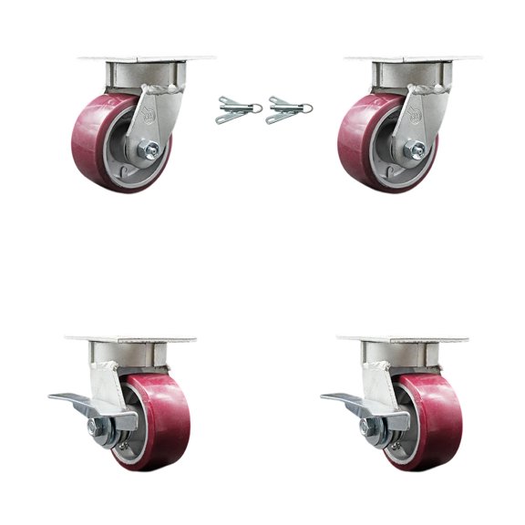 4 Inch Kingpinless Poly on Aluminum Wheel Caster Set 2 Swivel Locks 2 Brakes SCC