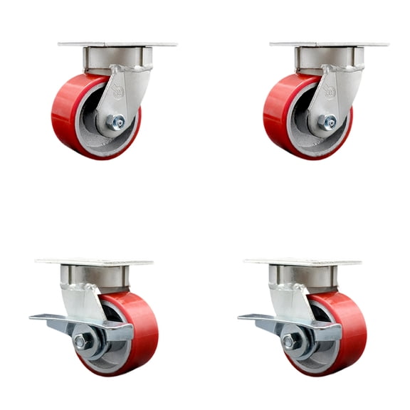 4 Inch Kingpinless Red Poly on Steel Wheel Swivel Caster Set with 2 Brakes SCC