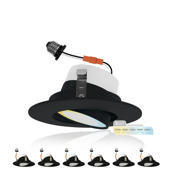 NUWATT Black 4 Inch Gimbal Retrofit LED Recessed Lighting, 5CCT Selectable 2700K/3000K/3500K/4000K/5000K, High Brightness 750 lm, 10W, Adjustable Sloped Ceiling Light, Dimmable Eyeball Lights, 6 Pack