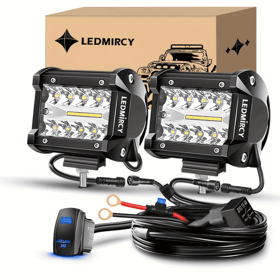 LEDMIRCY 4 Inch LED Pod Lights Kit with Round Toggle Switch Wiring Harness LED Light Bar 2 Lead Spot Flood Combo Beam White Driving Off Road Lights for Truck Tractor Excavator Boat ATV SUV UTV GMC
