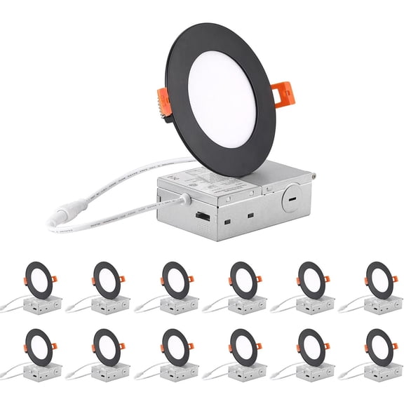 4-Inch LED Recessed Lighting - 9W Ultra-Thin LED Ceiling Lights,2700-5000K Selectable,5CCT Dimmable Canless Wafer Downlight,800LM High Brightness,Dimmable Can Lights,Pack of 12 Black.