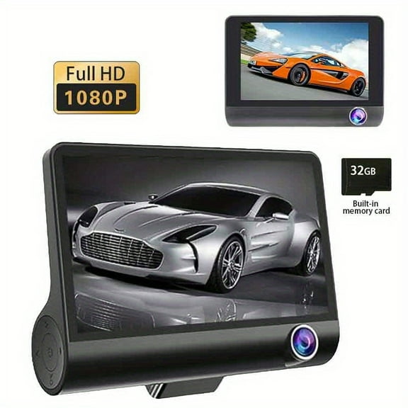4-Inch Large Screen Triple-Lens Car DVR Camera System - Capture Front, Interior, High-Definition Recording and Backup Camera - Perfect for Safe Driving and Parking Assistance Black (32G memory card)