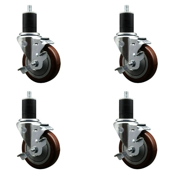 4 Inch Maroon Poly Swivel 1-3/4 Inch Expanding Stem Caster Set with Brake SCC