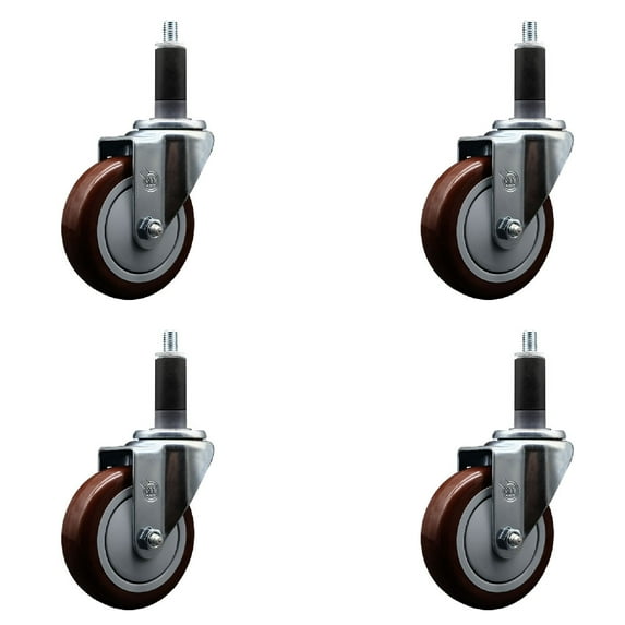 4 Inch Maroon Poly Wheel Swivel 1-1/8 Inch Expanding Stem Caster Set SCC