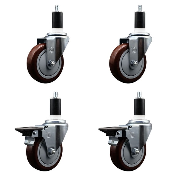 4 Inch Maroon Poly Wheel Swivel 1-3/8 Inch Expanding Stem Caster Set 2 Brakes