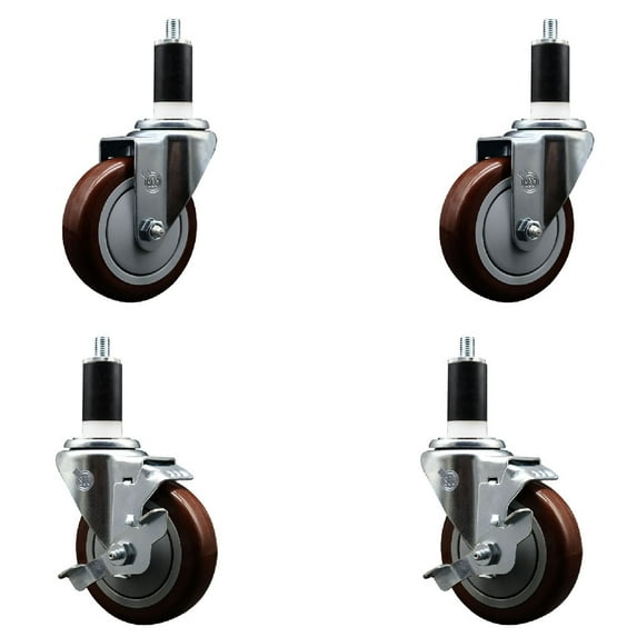4 Inch Maroon Poly Wheel Swivel 1-3/8 Inch Expanding Stem Caster Set 2 Brakes