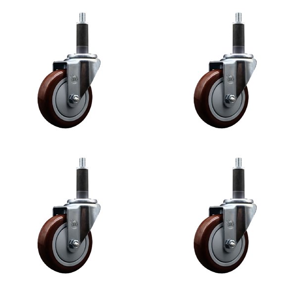 4 Inch Maroon Poly Wheel Swivel 1 Inch Expanding Stem Caster Set SCC