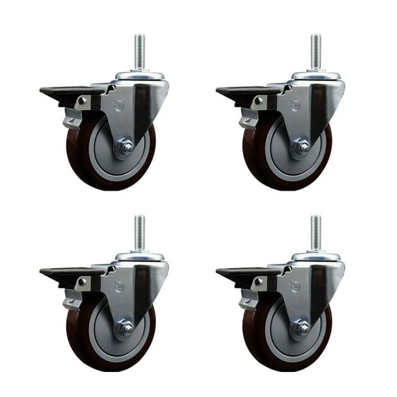 4 Inch Maroon Poly Wheel Swivel 5/8 Inch Threaded Stem Caster Set with Brake
